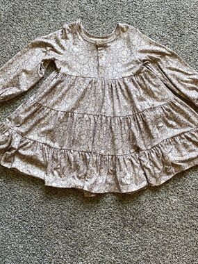 Girls' Beige Sunflower Tiered Flowy Long-Sleeve Dress